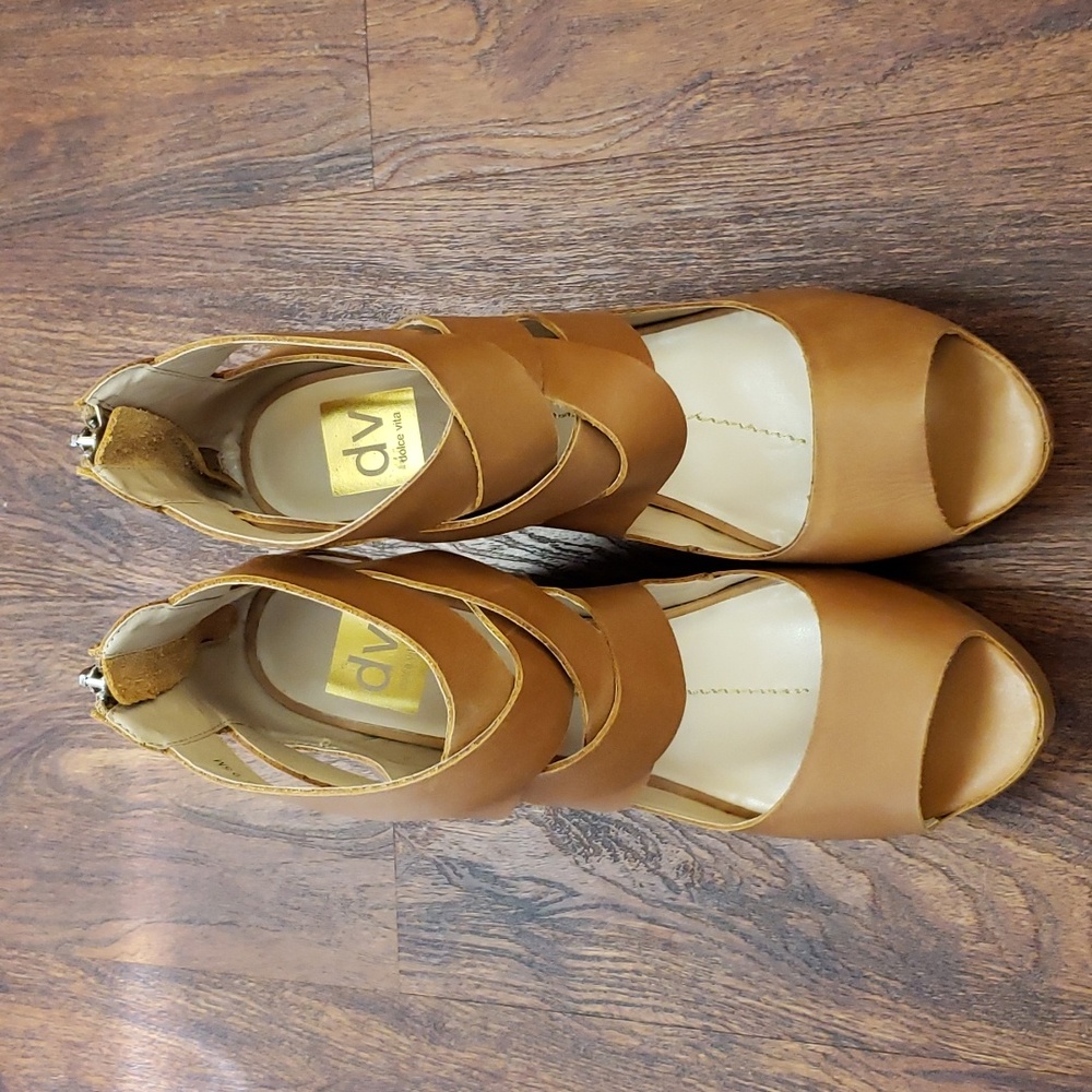 Dolce Vita Sz 9.5 Leather Platform Cage Peep Wedge Jude Sandal in Cognac Tan NIB